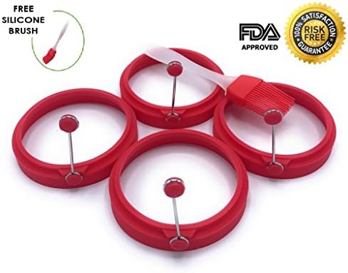 SKM Silicone Round Egg Rings (Set of 4) Non Stick Pancake Molds with Handle for Stunning Breakfasts Every Time with 1 Free Spray Brush (Red)
