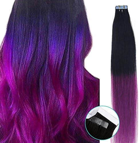 Yotty Hair Extensions Seamless Tape in Skin Weft Brazilian Remy Human Hair 20Inch Long (20inch40pcs100gram, Ombre T Color 1/Purple Black to Purple)
