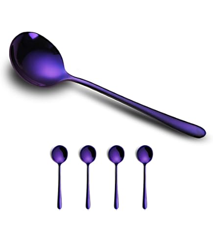 Buyer Star 5-Piece Purple Stainless Steel Soup Spoons - 8 Inch Korean Style Dinner Spoons | 304 Stainless Steel, Mirror Polished