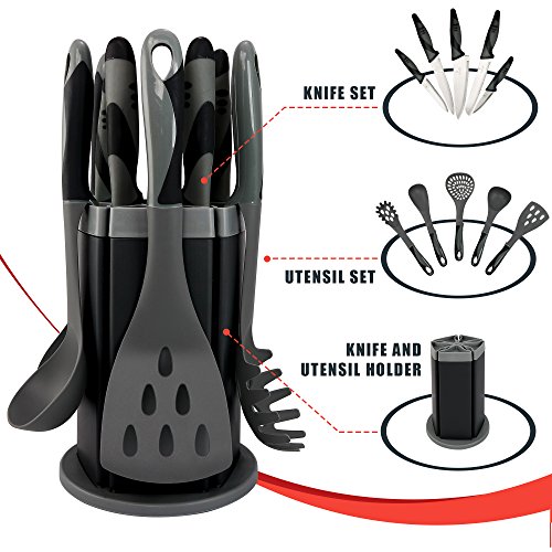 Kitchen Knife and Utensil Set with Rotating Stand (Grey/Black) ☆ 11 Pc