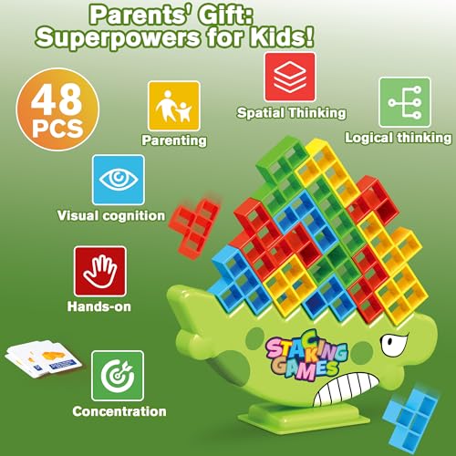 Lktvys 48PCS Dinosaur Stack Attack Balance Game – Portable Carry Box, Exciting Fun for Kids Ages 3-8 & Adults, Perfect for Family Bonding and Challenging Team Play
