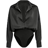 GORGLITTER Women's Deep V Neck Long Sleeve Shirts Bodysuit Satin Button Down Party Night Sexy Leotard Tops