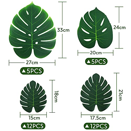 HAKACC Faux Monstera Leaves, 34PCS Tropical Leaves Palm Leaves for Hawaiin Jungle Theme Party Decorations