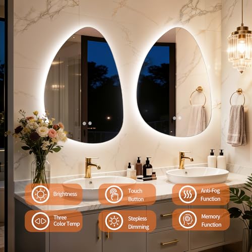 LED Irregular Wall Vanity Mirror, 50x70CM Backlight Mirror with Defogger, 3 Light Colors Stepless Dimming, Frameless Aesthetic Glass for Bathroom Tempered Glass