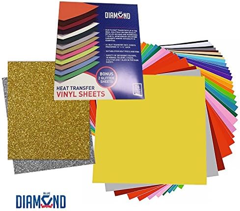 Heat Transfer Vinyl HTV PU Bundle Starter Assorted Variety Sheet for DIY T-Shirts on Silhouette Cameo Heat Press Iron in Multipack of 26 Color 10”X12” with 2 Super Bonus Glitter and 1 Glow in Dark