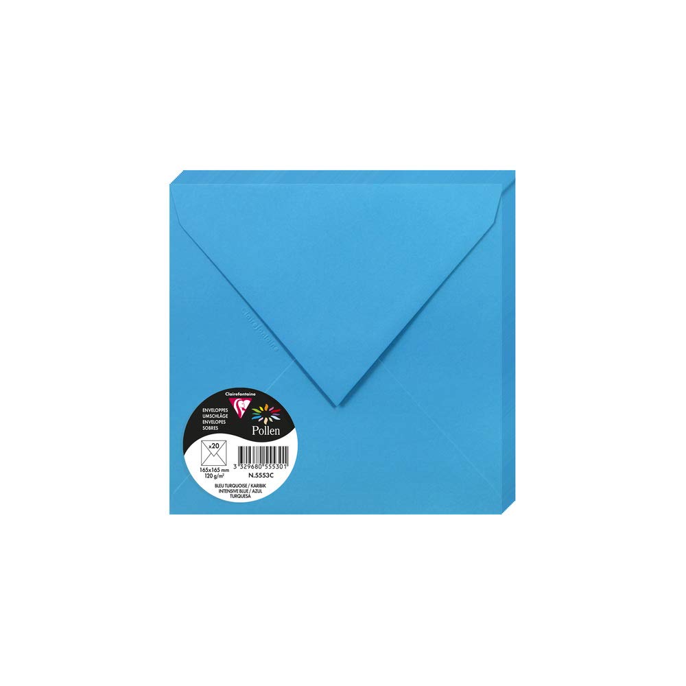Clairefontaine 5553C Pack of 20 Gummed Envelopes Square 16.5x16.5cm 120g/m² Intensive Blue Colour Invitation Events Correspondence Pollen Range Premium Paper