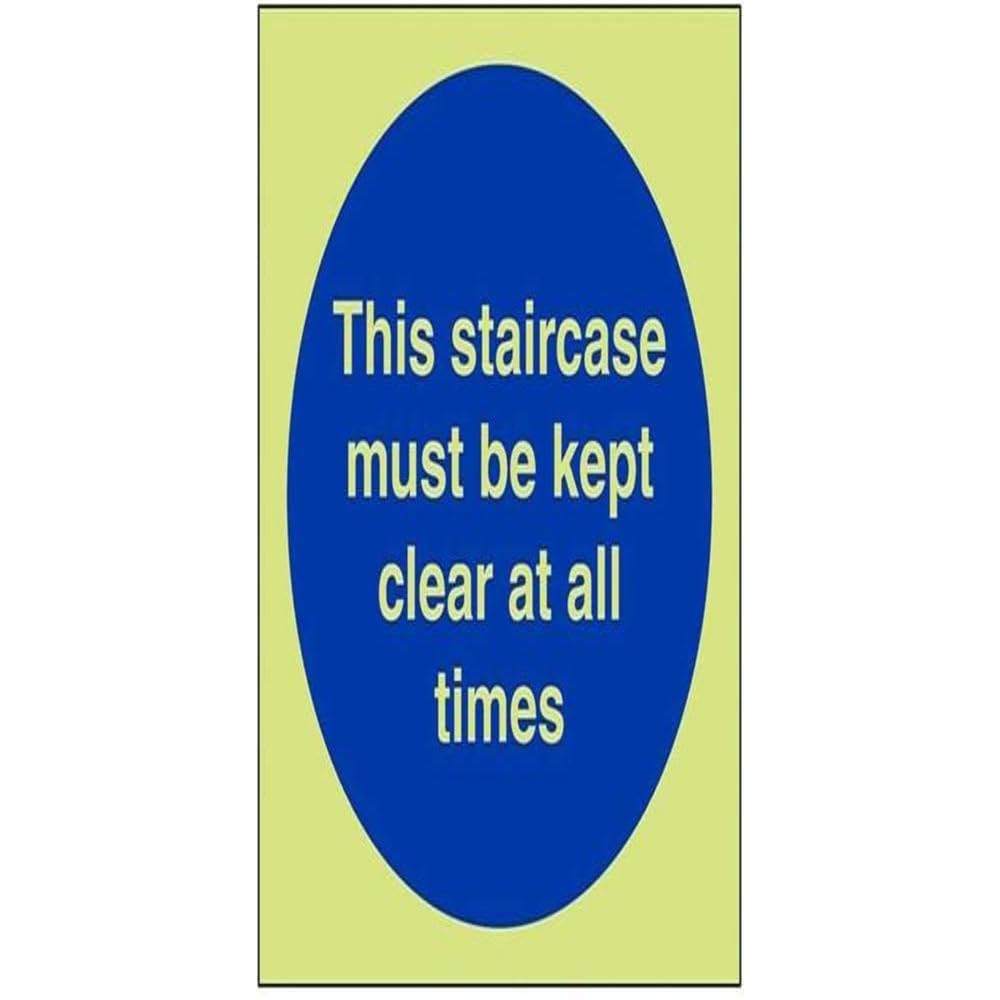 V Safety 18021AF-GS Glow In The Dark Staircase Must Be Kept Clear At All Times Sign - 100mm x 100mm - Self Adhesive Vinyl