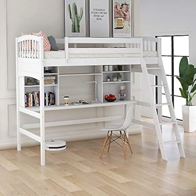 Amazon Com Harper Bright Designs Twin Loft Bed With Desk For Kids Wood Bunk Beds With Desk No Box Spring Needed White Loft Bed With Desk Furniture Decor