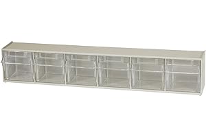Akro-Mils TiltView Plastic Storage Cabinet with 6 Tilt Out Bins, Horizontal Plastic Parts Organizer, Teacher Toolbox, and Office Supply Organizer, 23-5/8" W x 3-1/2" H x 3-3/4" D, Stone