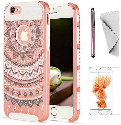 iPhone 6S Case, iPhone 6 Case KXLY Hybrid Slim Case Heavy Duty Shockproof Protective Cover Hard PC Rugged Soft TPU Bumper Armor Dual Layer+Screen Protector+Stylus[Mandala/Light Rose Gold-White]