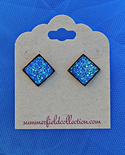 Blue Geometric Square Shaped Flat Faux Druzy Stud Earrings 12mm Statement Antiqued Gold-tone