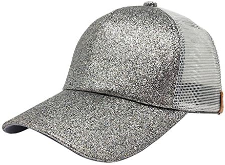 Hijing Adjustable Unisex Baseball Cap, Ponytail Hat Bun Sequin, Patched Mesh Back Cap (Silver)