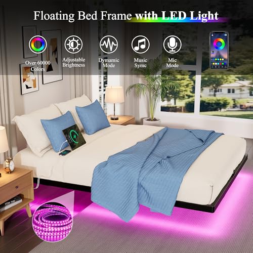 Floating Bed Frame King Size with Smart LED Lights and Charging Station, Heavy Duty Modern Metal Platform Bed No Box Spring Needed - Easy Assembly and Noise Free