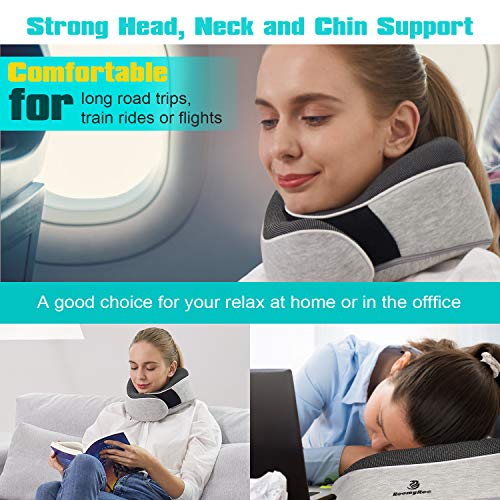 RoomyRoc Travel Pillow 100% Pure Memory Foam Neck Pillow, Soft Full Chin Head Neck Support Adjustable Best Sleep Pillow with Mask Earplug, Breathable & Washable Pillowcase, Car & Airplane Pillow, Grey