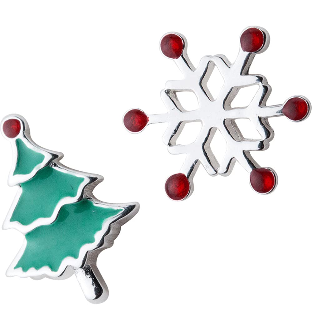 Asymmetrical Snowflake Christmas Tree Stud Earrings Sterling Silver 925 Red Crystal Cubic Zirconia Winter Flower Small Cartilage Earring Ear Piercing Xmas Jewelry Gifts Hypoallergenic for Women Girls