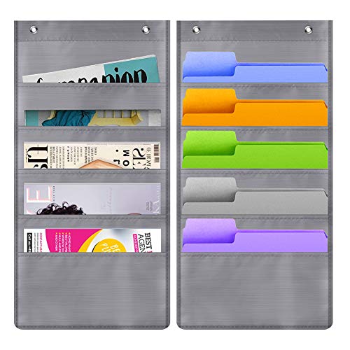 5 Pocket Hanging File Folder Organizer, Cascading Wall Organizer with 2 Hangers-Ideal for Home Organization,School Pocket Chart, Business folders and Paper Organizer (5 Pocket-2Pack) (grey-2pack)