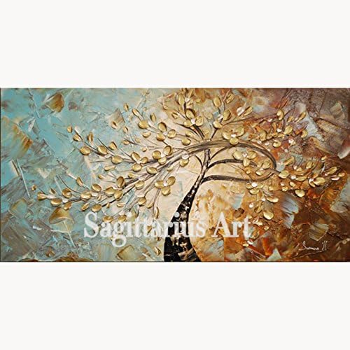 Hand Painted Abstract Thick Palette Knife Blue Brown Gold Flowers Tree Oil Painting On Canvas Painting Abstract Artwork