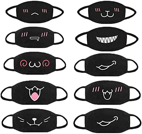 ADFEN 10Pcs Cartoon Pattern Solid Cotton Black Mouth Mask,Half Face Soft Anti-Fog Anti-dust Mask for Men Women