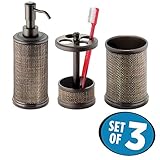 mDesign Bath Accessory Set, Soap Dispenser Pump, Toothbrush Holder, Tumbler - 3 Pieces, Bronze ()