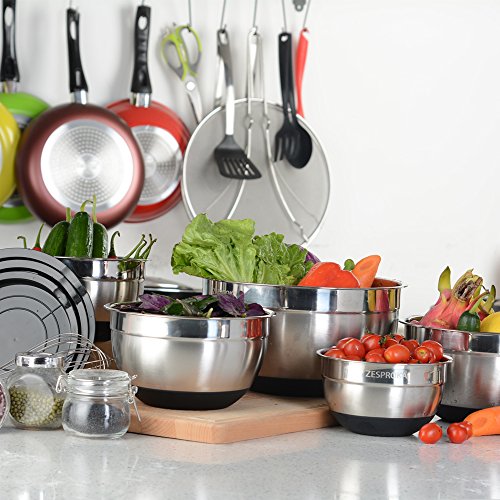 ZESPROKA Set of 5 Stainless Steel Nesting Mixing Bowls with Lids, Measurement Lines and Non-Stick Silicon Bottoms