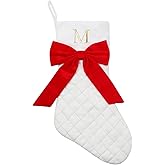 Just Jolly Personalized Christmas Stockings 20 Inch Large, White Xmas Stocking with Gold Embroidered Initial and Red Bow, for Christmas Tree Fireplace Holiday Decor (M)