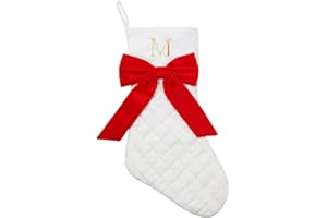 Just Jolly Personalized Christmas Stockings 20 Inch Large, White Xmas Stocking with Gold Embroidered Initial and Red Bow, for Christmas Tree Fireplace Holiday Decor (M)