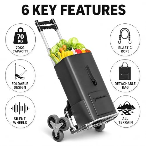 ALISMAEEL Stair Climbing Cart 70KG Capacity Foldable Trolley Cart with Wheels,Thickened Aluminum Alloy Frame Silent Stair Climbing Wheels Elastic Rope Detachable Shopping Bag, for Home and Office