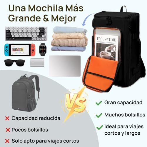 Mochila de Viaje 10kg Avion Expandible 60L, Mochila para Viaje Impermeable Portátil Mochila para Laptop de Senderismo Plegable Ligera Gran Capacidad con Múltiples Compartimentos