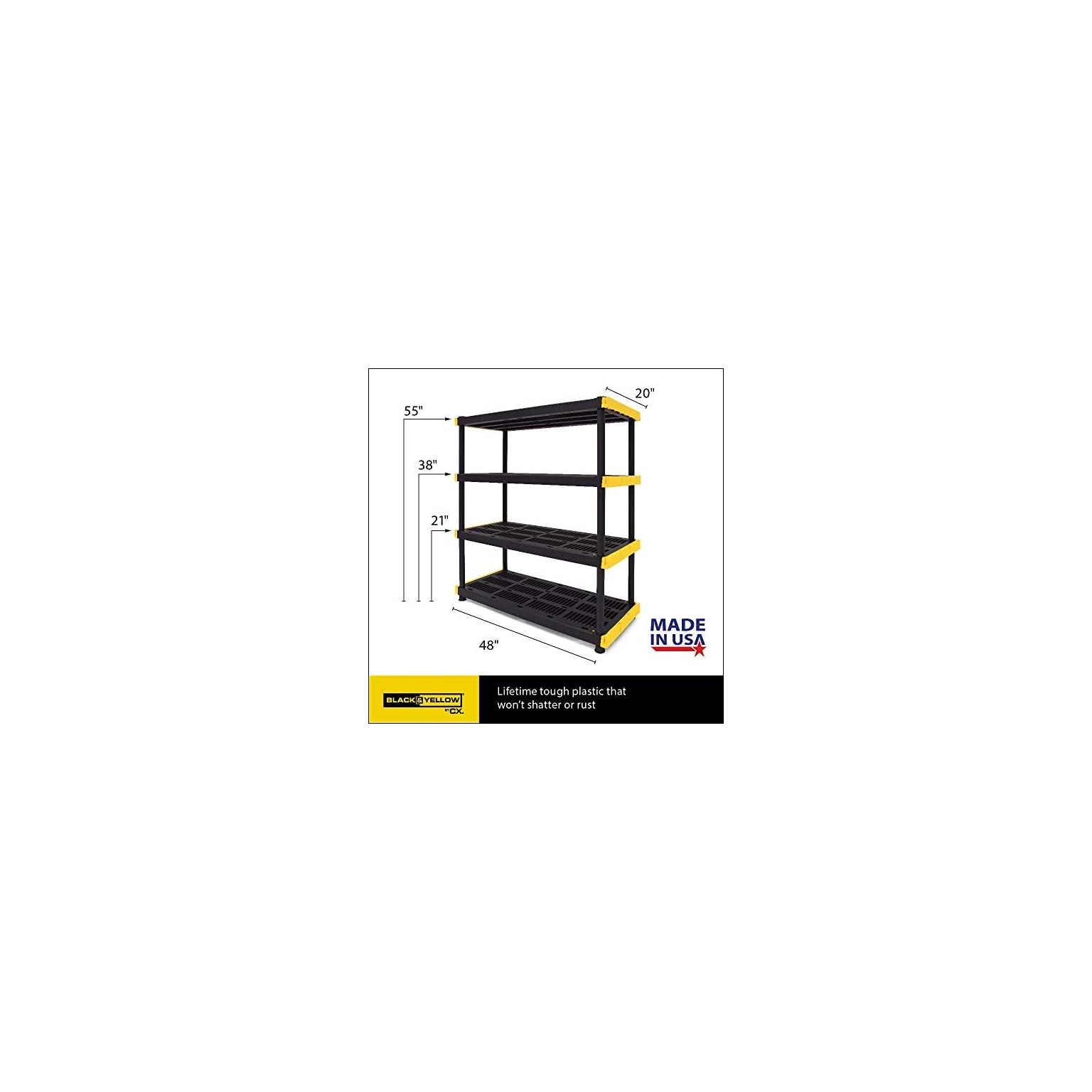 Original Black & Yellow 4Tier Storage Shelving Unit, Indoor/Outdoor