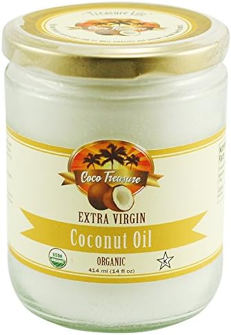 Coco Treasure Organic Extra Virgin Coconut Oil in Glass Jar 14 Fl oz -Perfect For Cooking, Baking, Oil Pulling, Skin Care, Hair Care and Pets - 14 Fluid Ounces