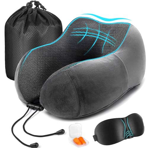 Almohada de Viaje, Almohada de Cuello Viscoelástica de Espuma de Memoria, Funda de Almohada Extraíble y Transpirable,con Máscara para Los Ojos, Tapones Para Los Oídos, Bolsa de Almacenamiento