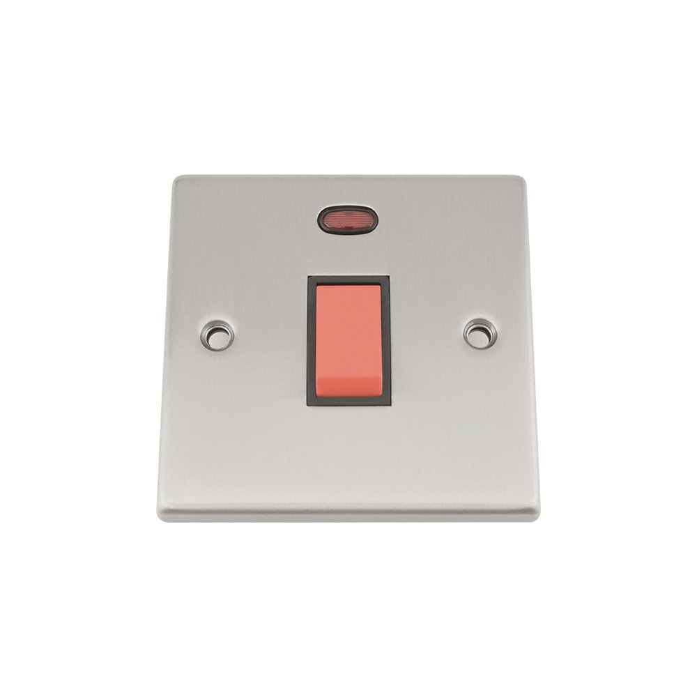 Cooker Oven Switch w/Neon Indicator 45 Amp - Satin Chrome - Square - Black