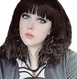 eNilecor Women Short Bob Fluffy Hair Full Wigs with Bangs Heat Resistant Kinky Straight Custom Cosplay Party Wigs (Dark Brown)