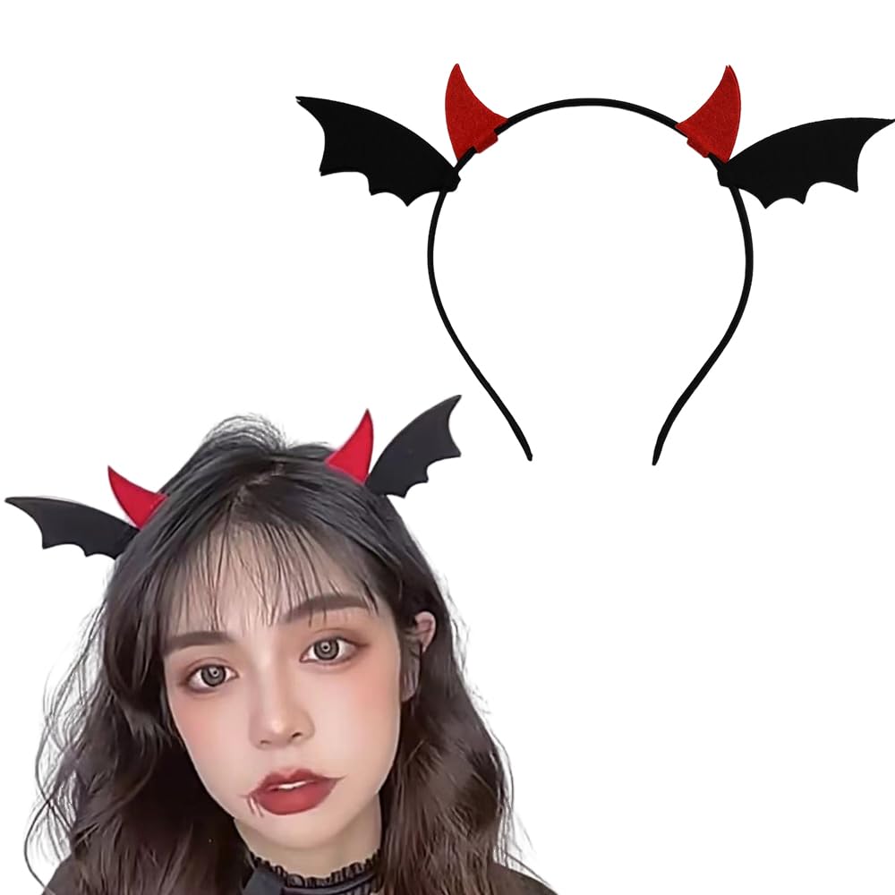 Sisadodo Black Halloween Headband for Women Girls Red Devil Horns Head Band for Girls Bat Wings Headband for Women Girls Black Hair Band Headbands for Girls Halloween Costume Accessories