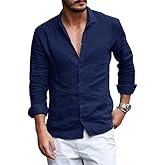 Runcati Mens Button Down Shirt Linen Cotton Shirts Casual Long Sleeve Spread Collar Beach Plain Tops