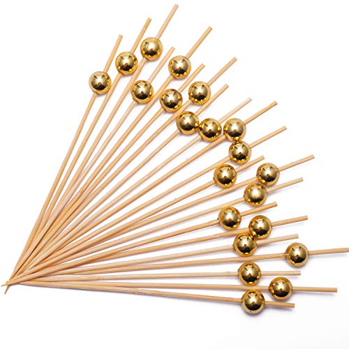 Cocktail Picks Handmade Bamboo Toothpicks 4.7" Multicolor Party Supplies 100 Counts in Gold Pearl
