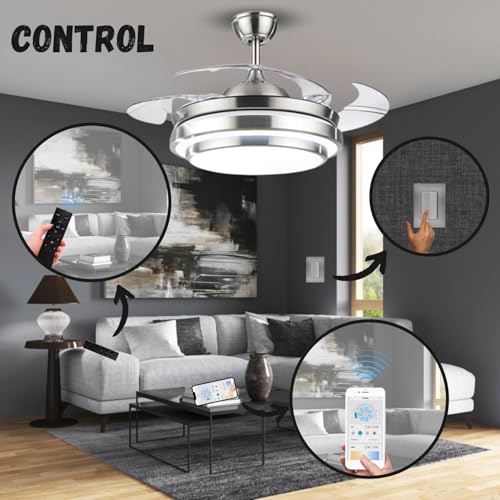 Megaluz F500VL01 Ventilador de techo con lámpara led y control remoto y APP, 42 pulgadas, luz fría, cálida y neutra, aspas retractiles, Abanico 3 velocidades y motor silencioso (Metal satinado).