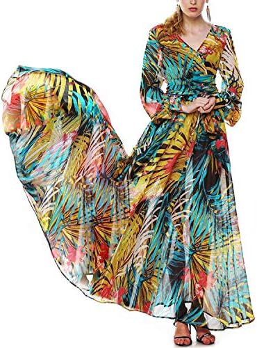 CHRONSTYLE Plus Size Women Maxi Dresses V Neck Long Sleeve Floral PrintA-line Wrap Long Dress Flowy Summer Party Dress S-XXXXXL
