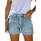 KINGFEN Denim Shorts for Women Mid Rise Ripped Folded Hem Casual Stretch Jean Shorts