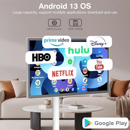 24 Inch Rolling Smart TV with 1080P Touch Screen | Android 13 OS | MTK 8-core CPU | 6G+128G Storage | Built-in 13MP Camera | Remote Voice Control | Full Rotation Portable TV on Wheels