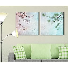 2 Piece Beautiful Watercolor Painting of a Cherry Blossom and a Pine Tree - Canvas Art Home Art - 12x12 inches