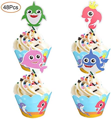 48 Pack Shark Cupcake Toppers Wrapper Shark Theme Party Supplies- Shark Family Baby Shower Birthday Party Decorations