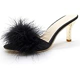 COVOYYAR Women's Feather Thin High Heels Peep Toe Fur Slippers Mules Lady Pumps Slides