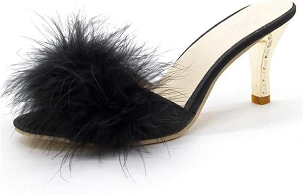 high heel slippers with feathers