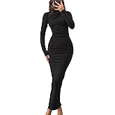 ZESICA Women's Fall 2026 Long Sleeve Bodycon Maxi Dresses Sexy Ruched Crew Neck Slim Fit Cocktail Party Dress