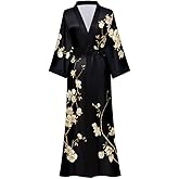 EORUBE Kimono Robes for Women Long Dressing Gown Charmeuse Satin Floral Print Silky Robe Sleepwear Wedding Bachelorette Party