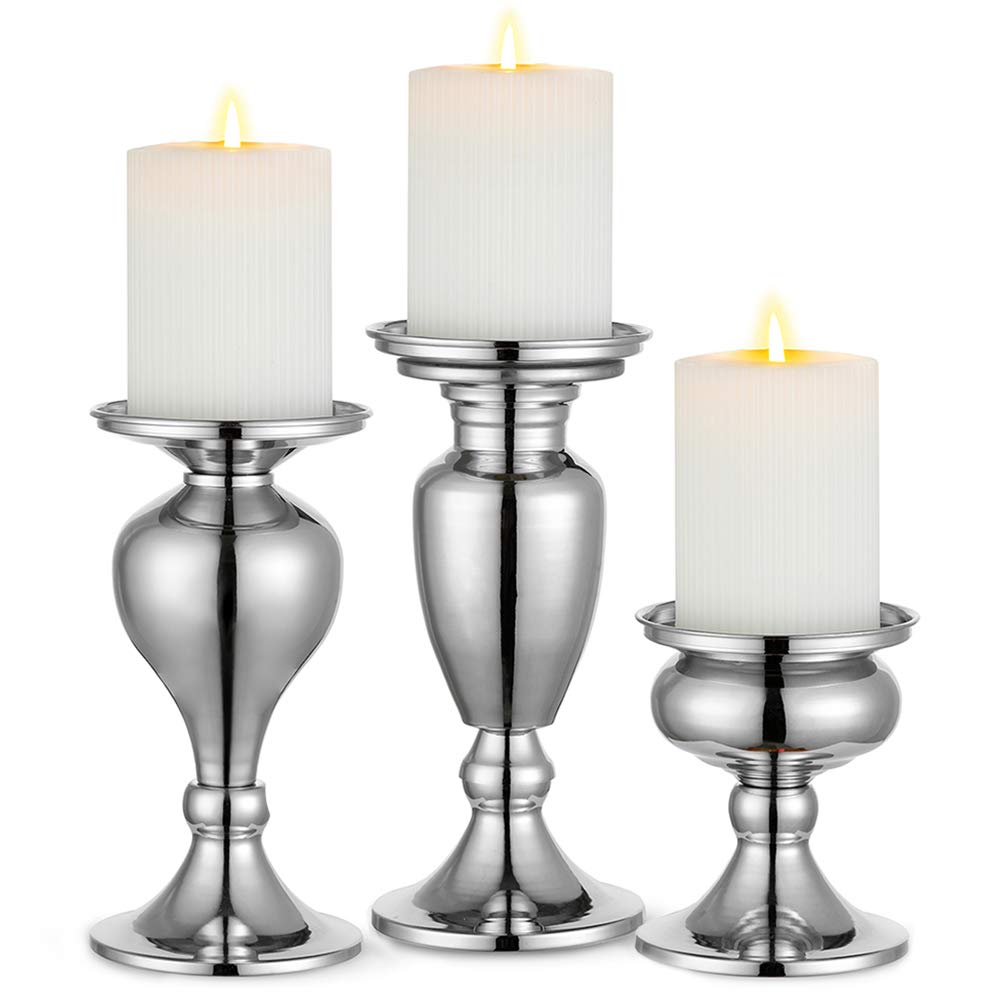 Sziqiqi Metal Pillar Candle Holders Set of 3, Vintage Candle Stand for Pillar Candles, Silver Candlesticks Centerpieces for Table Mantle Fireplace Decor, Silver