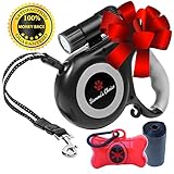 Retractable Dog Leash with Bright Flashlight for Small to Medium Breed Dogs, 16 ft Dog Walking Leash, Tangle Free Nylon Cord, Comfortable Grip, One Button Brake & Lock, Dog Waste Dispenser & Bags Incl