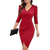 IHOT Women's 2026 Sexy V Neck 3/4 Sleeve Faux Wrap Ruched Sheath Bodycon Party Cocktail Work Dress