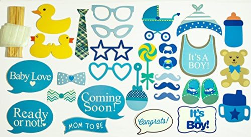 30 Piece Baby Shower Photo Prop Set with Bamboo Sticks - Blue for Boys, by Posi - Cute Gift Idea, Party Decorations, Paper Crafts, fun game Reveal Party